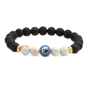 Yin Yang lava stone beaded bracelet with blue pattern bead and natural stones
