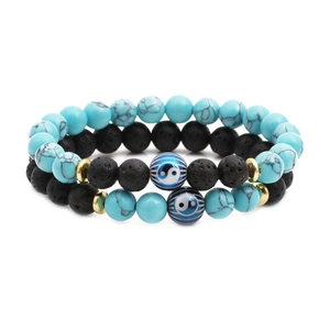 Natural Lava Stone Turquoise Beaded Bracelet With Tai Chi Yin Yang Symbol Copper Spacers Balanced Energy Jewelry For Unisex Daily