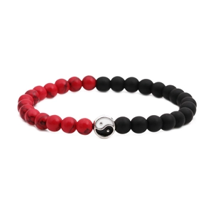 Matte black and red turquoise beaded bracelet with Tai Chi Yin Yang charm for men and women