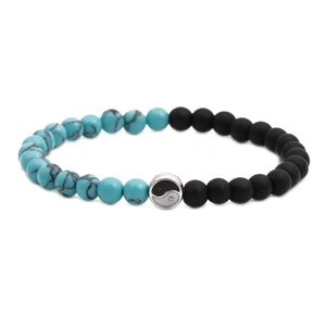 Matte black stone and blue turquoise beads bracelet with silver Yin Yang charm detail
