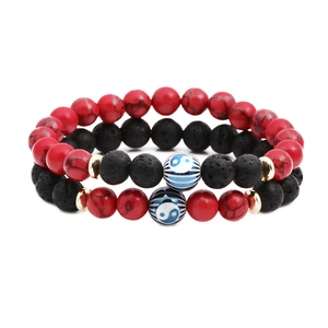 Yin Yang Tai Chi Natural Lava Stone Red Turquoise Beaded Bracelet For Men Women Ethnic Zen Style Elastic Strand Bracelet Jewelry