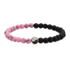 Matte black and pink stone beaded bracelet with Tai Chi Yin Yang pendant for men and women