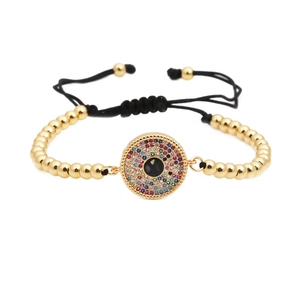 Evil Eye Woven Bracelet With Copper Beads And Colored Zirconia Micro Pave Charm Adjustable Ethnic Fashion Jewelry Gift