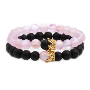 Frosted Moonstone Crown Charm Beaded Bracelets Pink And Black Beads Elastic Handmade Fashion Jewelry Gift For Women