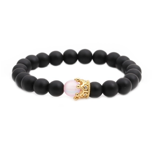 Pink frosted moonstone and crown charm beaded bracelet set with matte black stones