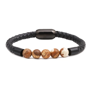 Bracciale 8mm in pelle intrecciata nera con perle in pietra naturale marrone e chiusura magnetica