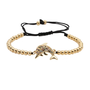 Bracciale regolabile con perline dorate e ciondolo a delfino con zirconi colorati vivaci