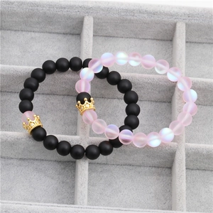 Pink frosted moonstone and black beaded crown bracelet set for women