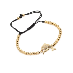 Bracciale intrecciato regolabile con perline dorate e ciondolo delfino in zirconi colorati