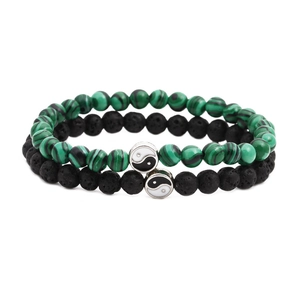 Lava stone and tiger eye beaded bracelet set with Yin Yang charms for men and women