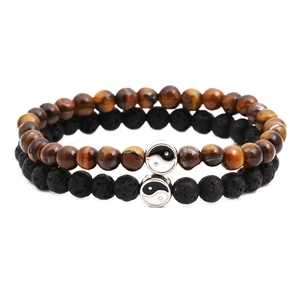 Tiger Eye and Lava Stone bead bracelet set with Tai Chi Yin Yang charms for couples