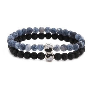 Lava stone and tiger eye bead bracelet set with silver Tai Chi Yin Yang balance charms