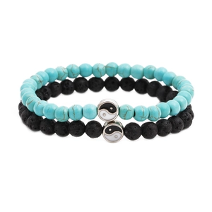 Yin Yang beaded bracelet set with turquoise style and black lava stones for couples