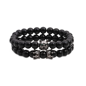 Ensemble de bracelets en onyx noir poli avec tête de loup en argent et couronnes
