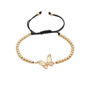 Bracciale intrecciato regolabile con perle dorate e farfalla con zirconi colorati