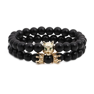 Bracelet de Perles Tête de Loup Couronne en Cuivre Pierre Naturelle Agate Noire Strass Punk Bijoux de Mode Pour Homme Femme