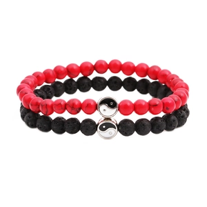 Yin Yang beaded bracelet set with red turquoise and black lava stone for couples