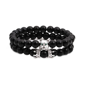 Ensemble de bracelets en perles d'onyx noir avec tête de loup en argent et breloque couronne
