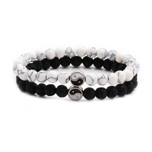 Yin Yang beaded bracelet set with white turquoise and black volcanic lava stone