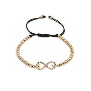Bracciale infinito regolabile con zirconi colorati e perline metalliche dorate da donna