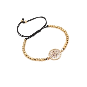 Adjustable gold bead bracelet with colorful evil eye zircon charm and black pull cord