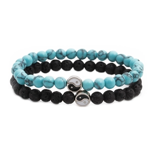 Minimalist Yin Yang bead bracelet set with turquoise and black lava stones for couples