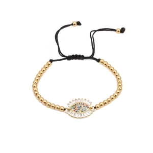 Handmade woven copper bead bracelet featuring a vibrant colorful zircon evil eye charm pendant