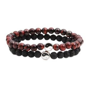 Yin Yang beaded bracelet set with tiger eye stones and black lava rocks for couples
