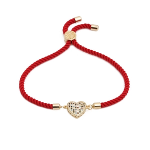 Adjustable red rope bracelet with gold heart charm and colorful zircon inlay