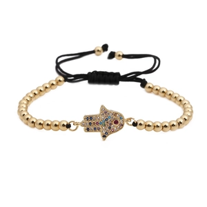 Bracciale Mano di Fatima dorato con zirconi colorati e cordino intrecciato regolabile