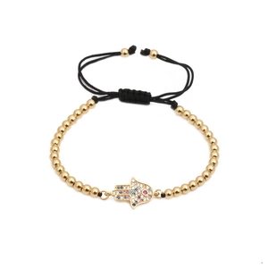 Bracciale mano di Fatima con zirconi multicolore e perline dorate su cordino nero regolabile