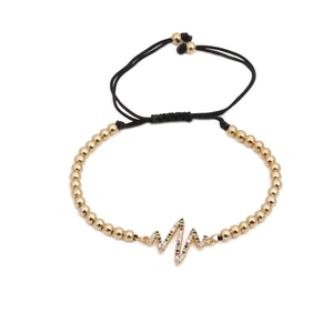 Bracciale intrecciato regolabile con perline dorate e ciondolo frequenza cardiaca in zircone