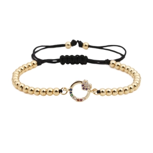 Bracciale intrecciato regolabile con perle dorate, anello zircone arcobaleno e cuore pavé