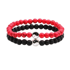 Matte black and red beaded bracelet set with Yin Yang charms for couples