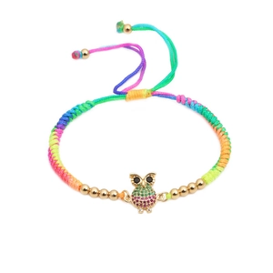 Rainbow woven owl bracelet with sparkling zircon stones and adjustable gold drawstring
