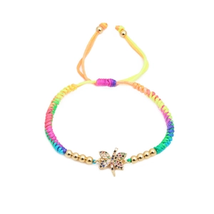 Adjustable colorful braided bracelet with a gold dragonfly charm and cubic zirconia stones