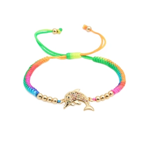 Rainbow woven bracelet with golden dolphin charm and multicolored zircon inlay