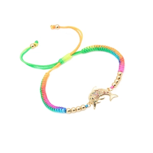 Rainbow braided bracelet with gold dolphin charm inlaid with colorful zircon stones