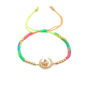 Rainbow woven adjustable bracelet with gold moon and bee pendants and pavé zircons