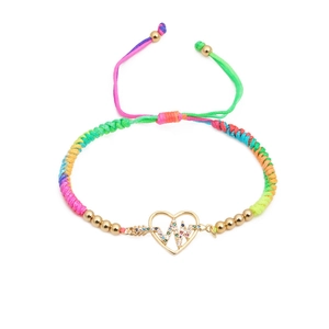 Rainbow braided rope bracelet with golden zircon heartbeat heart charm and adjustable cord