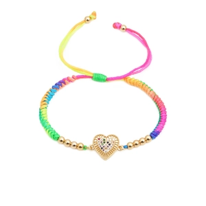 Handmade woven heart bracelet with colorful gradient cord and gold zircon hollow charm