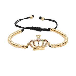 Adjustable Copper Bead Woven Bracelet With Colorful Zirconia Crown Pendant Micro Inlaid Fashion Jewelry For Women Party