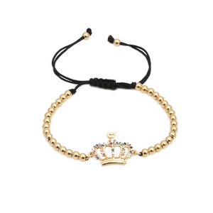 Adjustable woven bracelet with gold crown charm and colorful micro-paved zircons