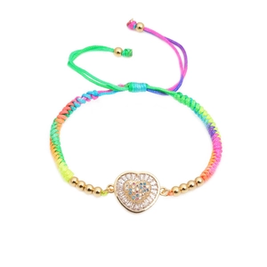 Bohemian colorful woven heart bracelet with sparkling multi-colored cubic zirconia stones
