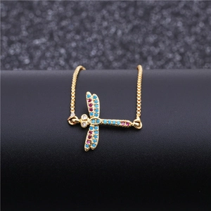 Luxurious gold dragonfly bracelet with colorful micro-pave zircons and adjustable pull chain