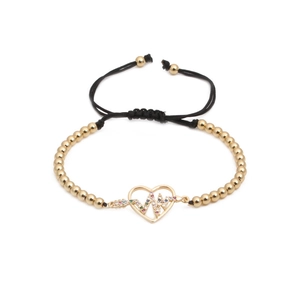 Adjustable woven bracelet with gold beads and heart pattern with zircon stones