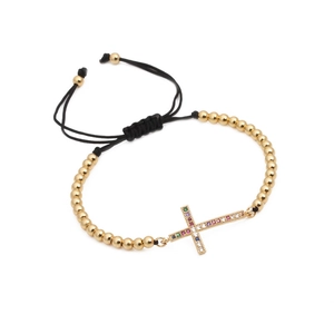 Adjustable men's beaded cross bracelet with colorful cubic zirconia in gold plating