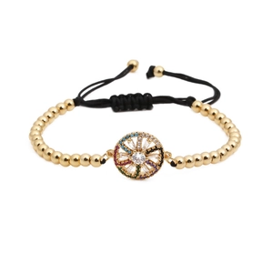 Adjustable woven bracelet with gold beads and colorful micro-set zircon pendant charm