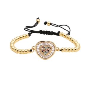 Copper Micro Pave Colored Zirconia Heart Pendant Bracelet Woven Rope Adjustable Fashion Jewelry For Women Men