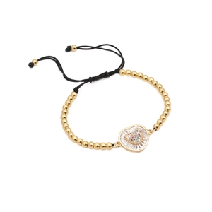 Adjustable heart charm bracelet with colorful cubic zirconia and golden beads